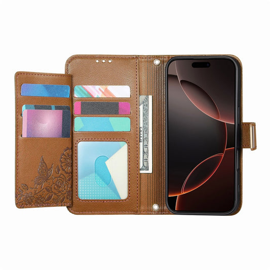 iPhone 16 Wallet-Hülle – Blumenblattmuster, Reißverschluss & Handschlaufe