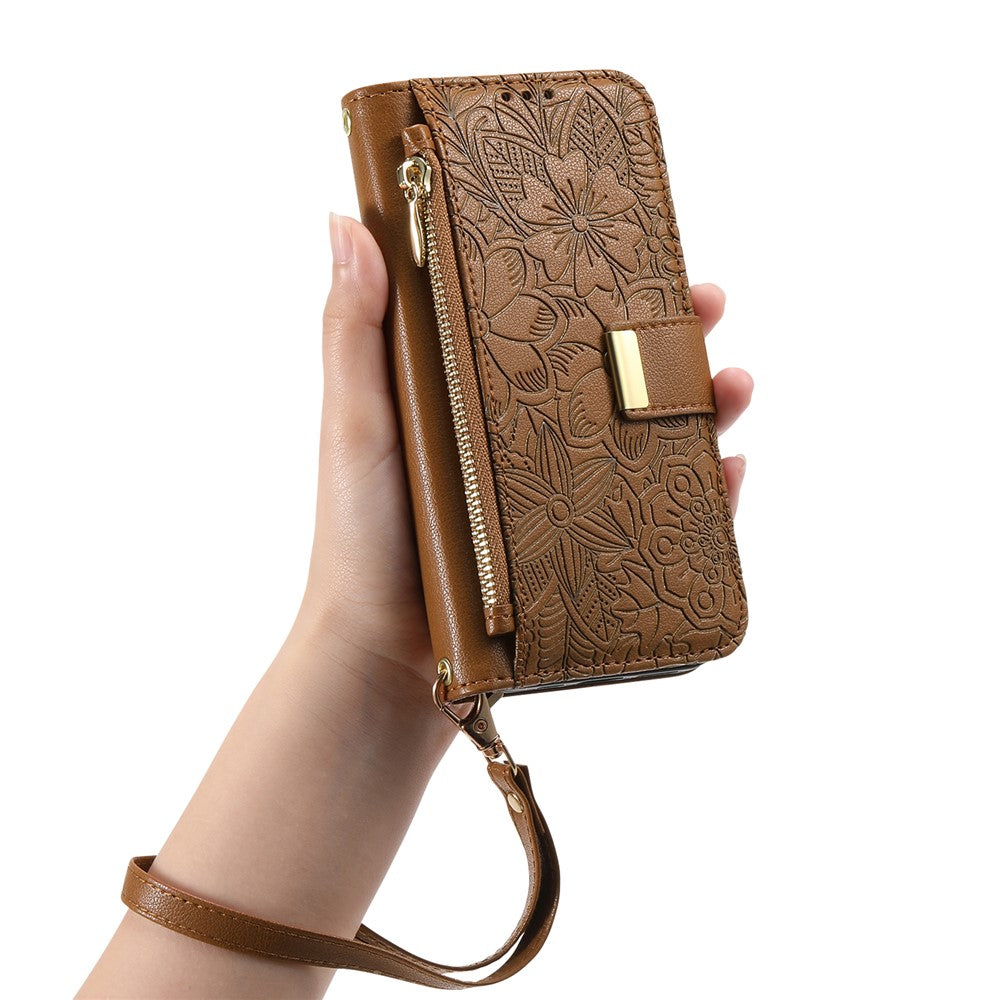 iPhone 16 Wallet-Hülle – Blumenblattmuster, Reißverschluss & Handschlaufe