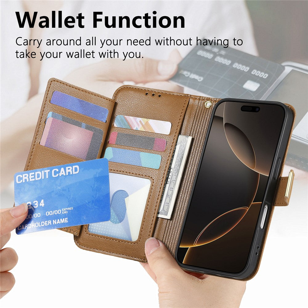 iPhone 16 Wallet-Hülle – Blumenblattmuster, Reißverschluss & Handschlaufe