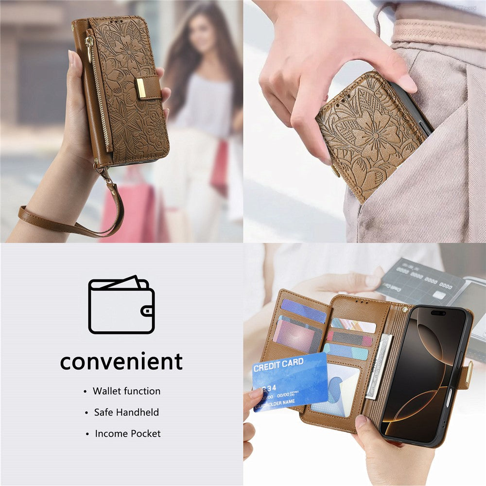 iPhone 16 Wallet-Hülle – Blumenblattmuster, Reißverschluss & Handschlaufe