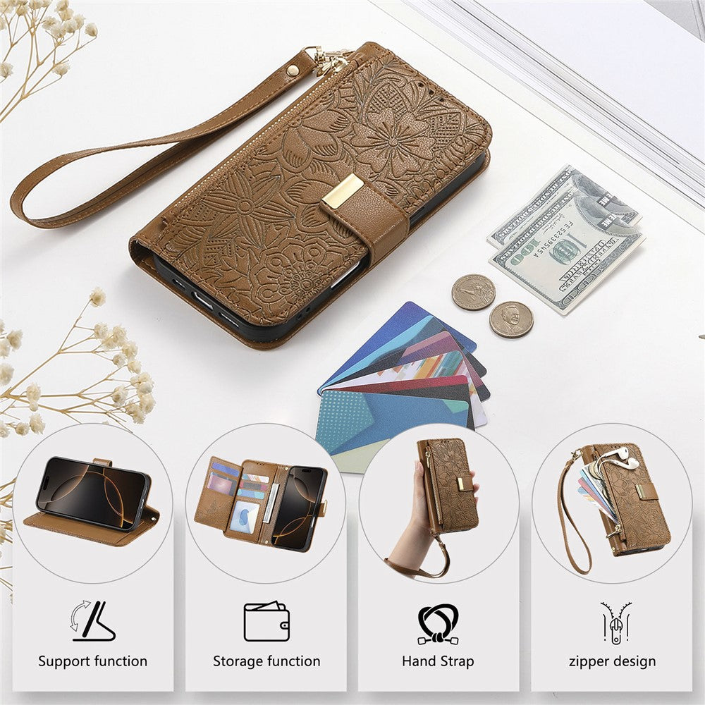 iPhone 16 Wallet-Hülle – Blumenblattmuster, Reißverschluss & Handschlaufe