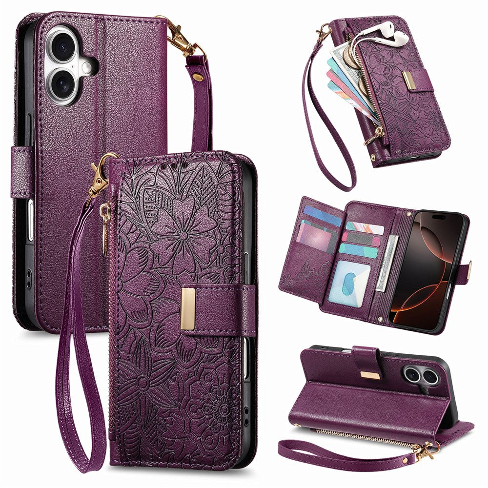 iPhone 16 Wallet-Hülle – Blumenblattmuster, Reißverschluss & Handschlaufe