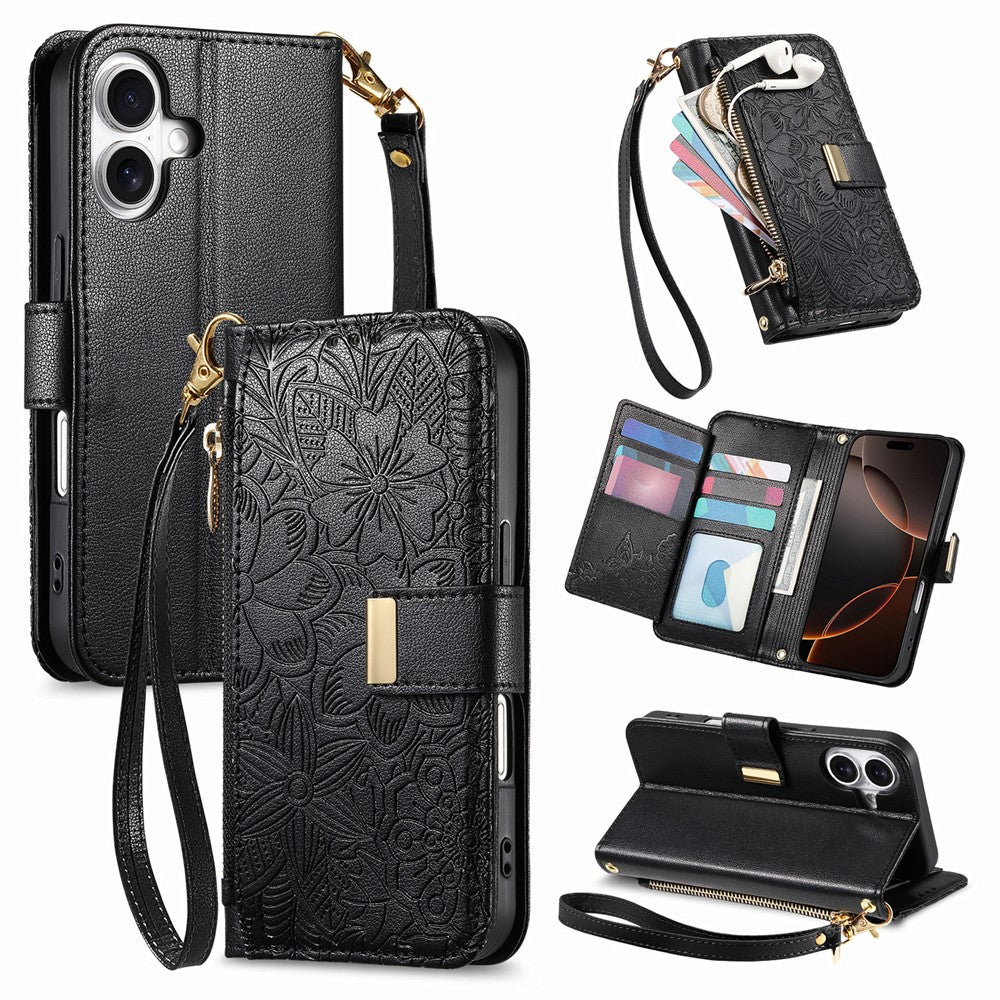 iPhone 16 Wallet-Hülle – Blumenblattmuster, Reißverschluss & Handschlaufe