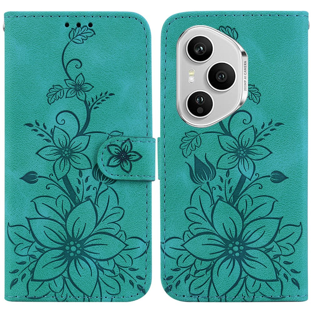 For Honor 400 Pro 5G (Global) Stand Case Lily Flower Imprint Leather Phone Cover with Wrist Strap