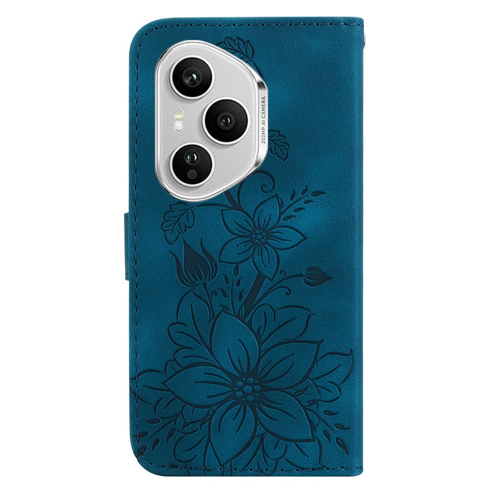 For Honor 400 Pro 5G (Global) Stand Case Lily Flower Imprint Leather Phone Cover with Wrist Strap