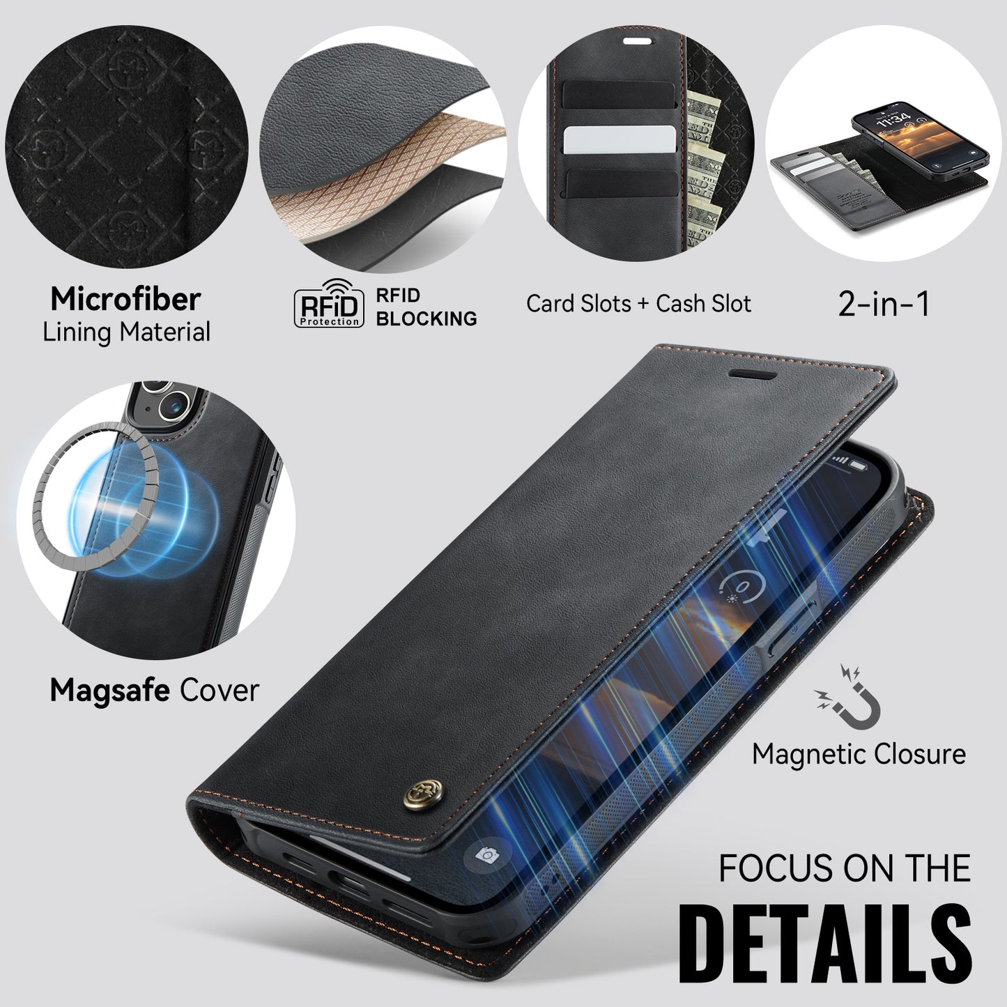 iPhone 14 Plus / 15 Plus Wallet-Hülle – Kompatibel mit MagSafe mit RFID-Blockierung