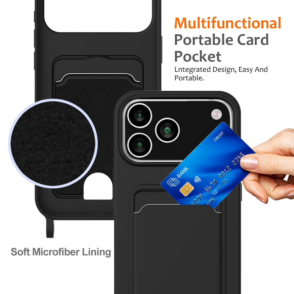 For iPhone 18 Pro / 17 Pro Case Liquid Silicone Card Holder Back Phone Cover with Lanyard