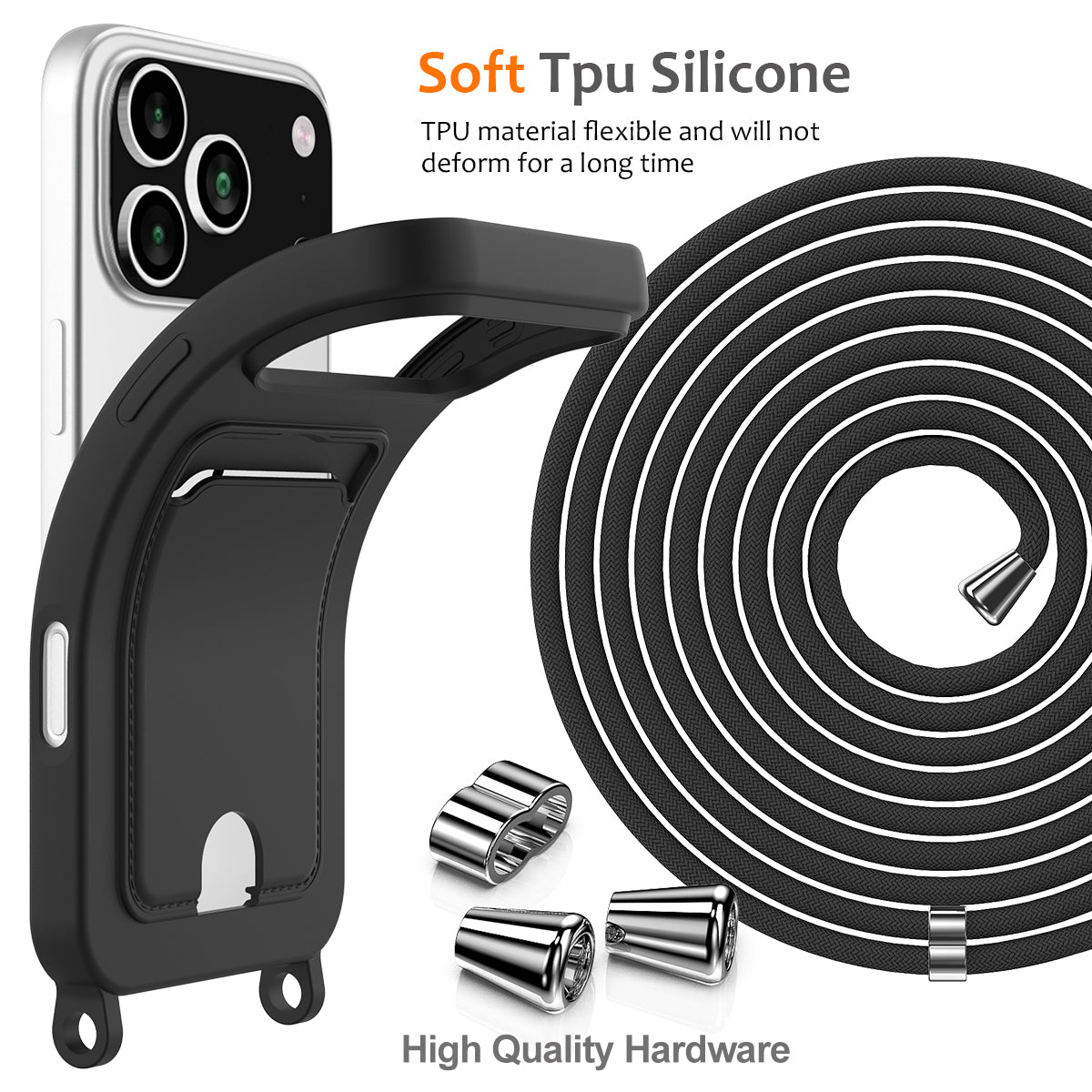 For iPhone 18 Pro / 17 Pro Case Liquid Silicone Card Holder Back Phone Cover with Lanyard