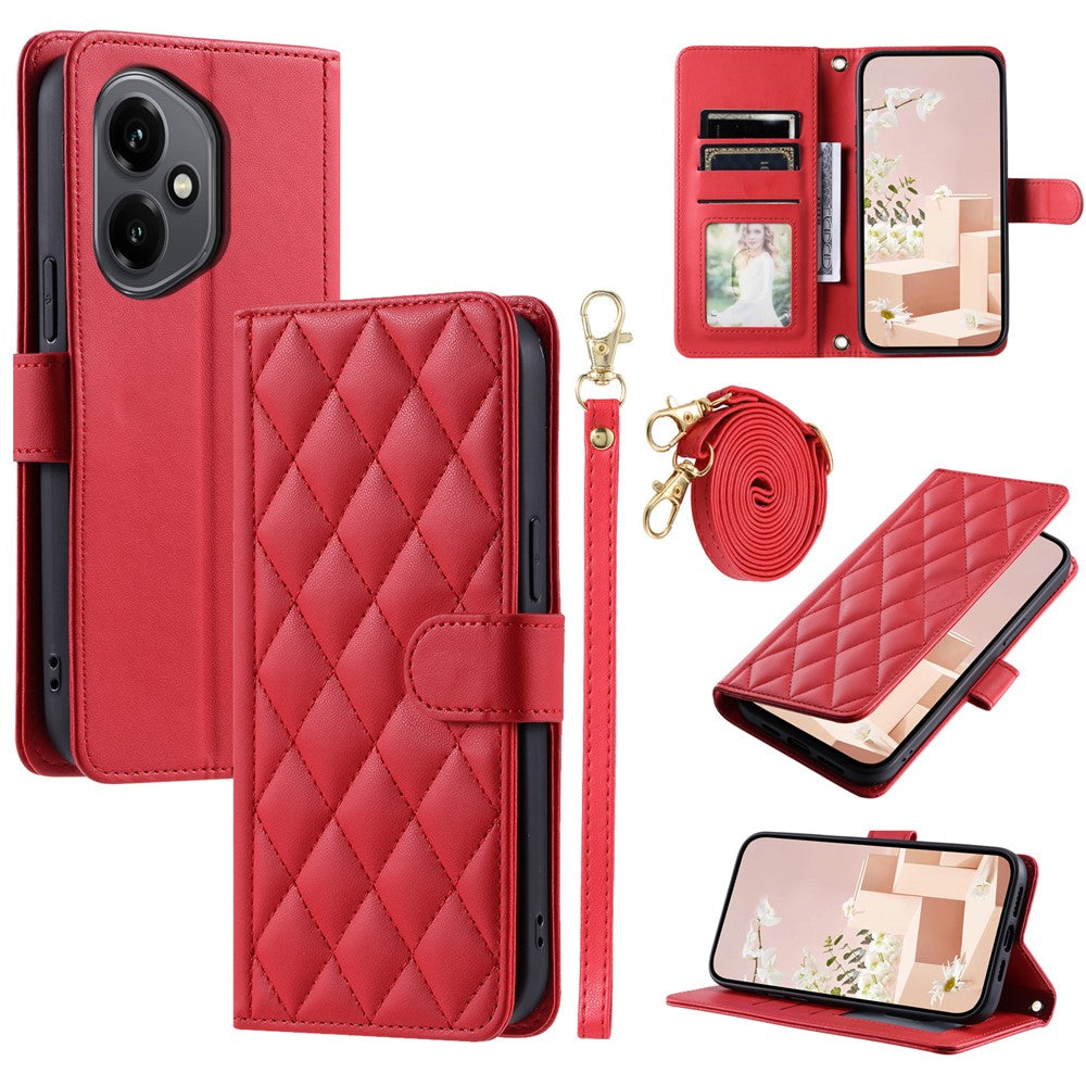 For Honor 400 5G (Global) Case Wallet Rhombus Grid PU Leather Phone Cover with Shoulder Strap / Wrist Strap