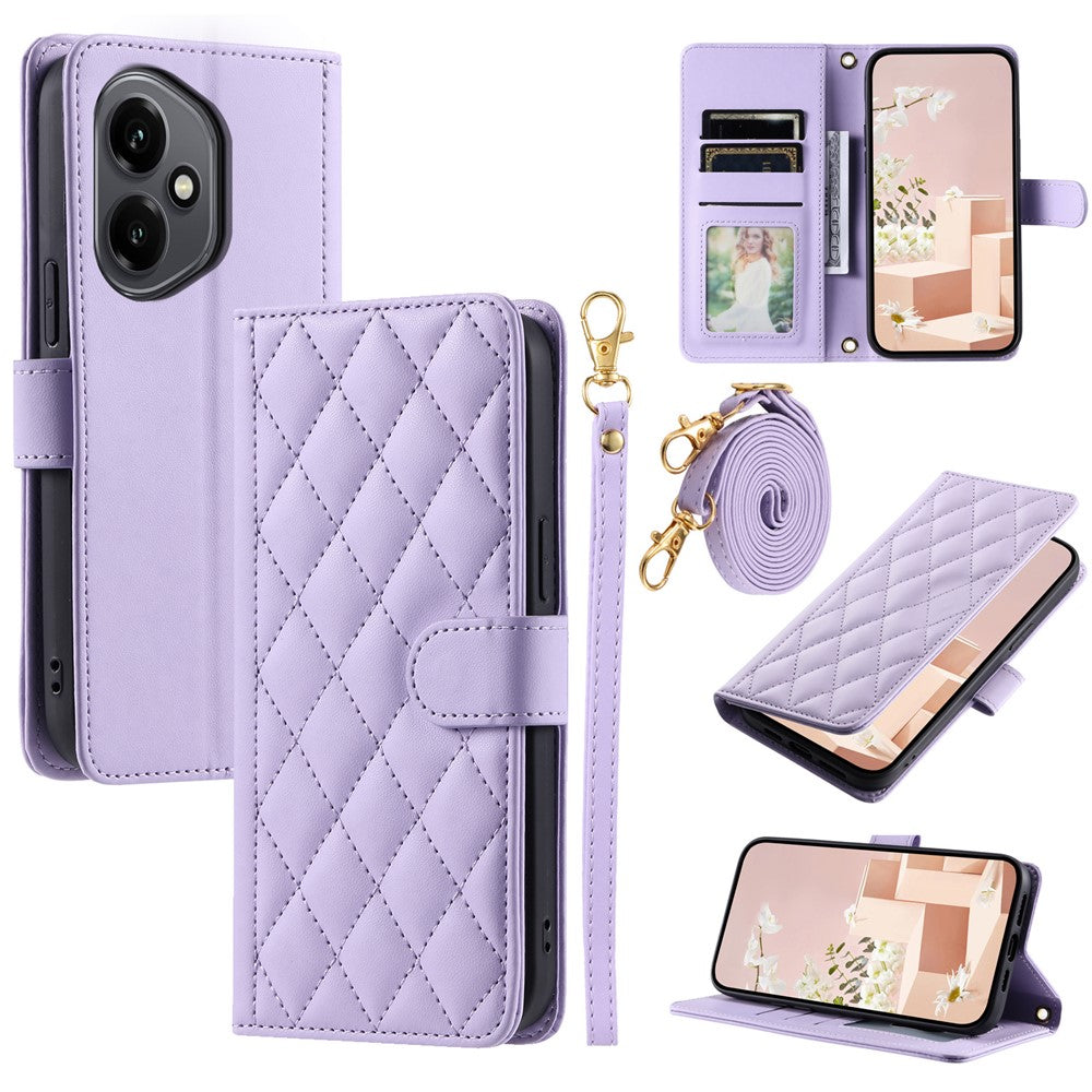 For Honor 400 5G (Global) Case Wallet Rhombus Grid PU Leather Phone Cover with Shoulder Strap / Wrist Strap
