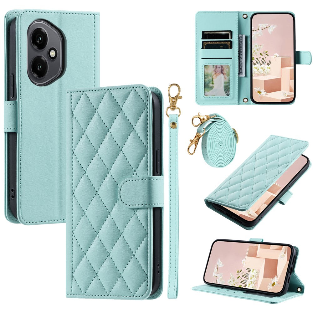 For Honor 400 5G (Global) Case Wallet Rhombus Grid PU Leather Phone Cover with Shoulder Strap / Wrist Strap