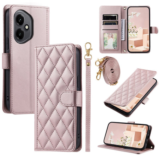 Honor 400 5G (Global) Handyhülle – mit Rhombus-Gitter-Motiv, PU-Leder, mit Schultergurt/Handgelenkschlaufe