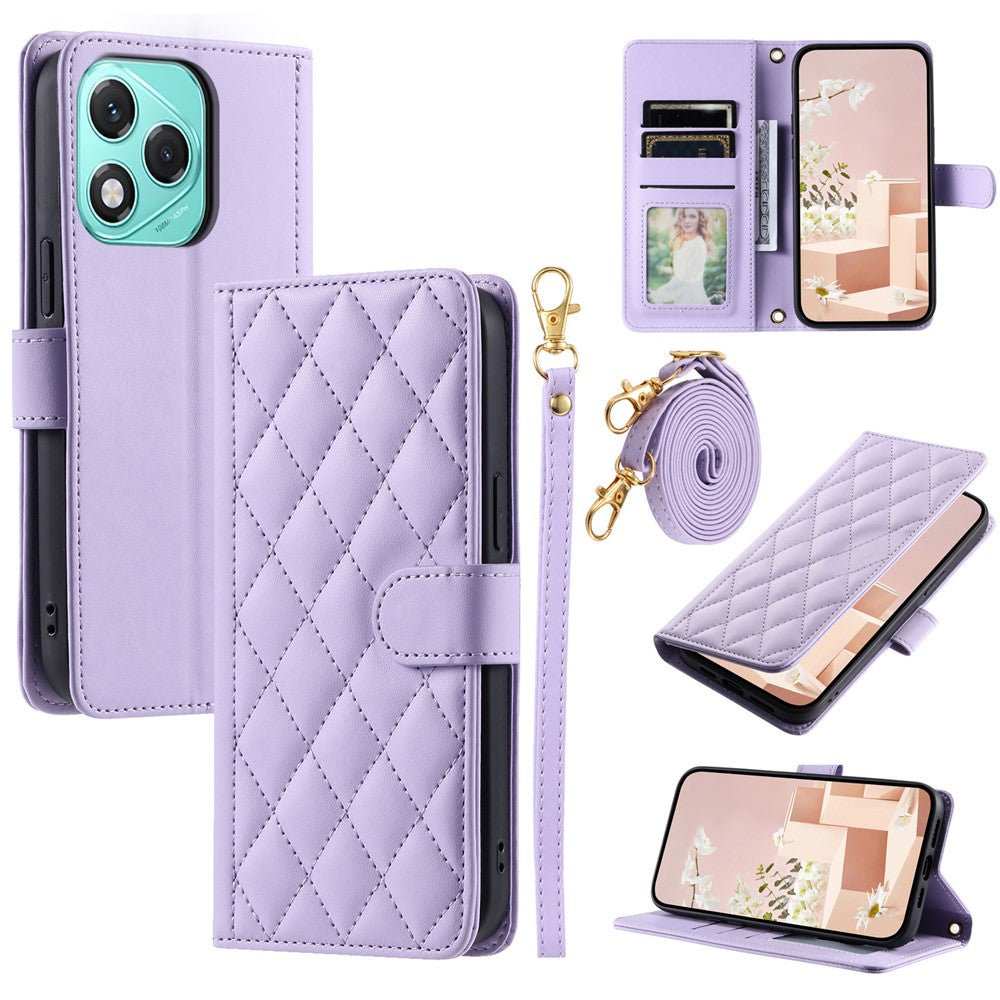Phone Case For Honor 400 Lite 5G / X70i / X60i 5G Wallet Rhombus Grid PU Leather Cover with Shoulder Strap / Wrist Strap