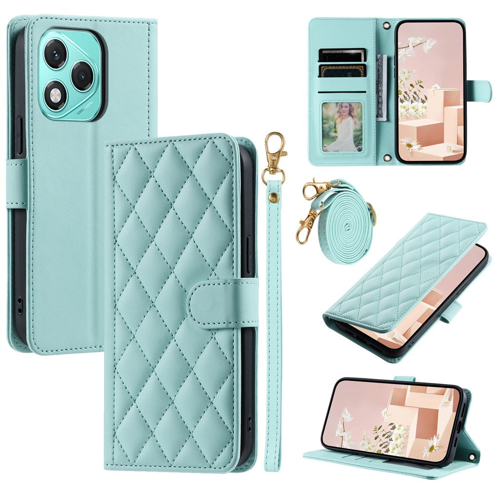 Phone Case For Honor 400 Lite 5G / X70i / X60i 5G Wallet Rhombus Grid PU Leather Cover with Shoulder Strap / Wrist Strap