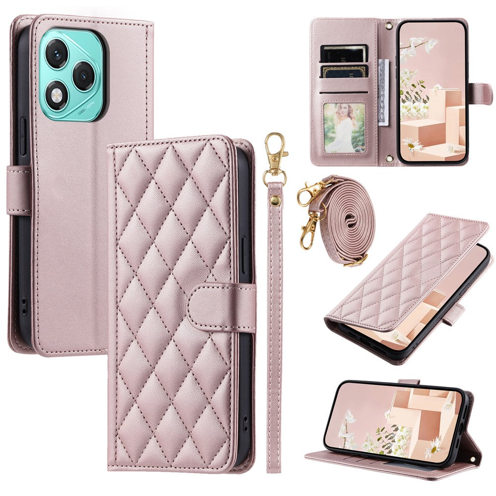 Phone Case For Honor 400 Lite 5G / X70i / X60i 5G Wallet Rhombus Grid PU Leather Cover with Shoulder Strap / Wrist Strap