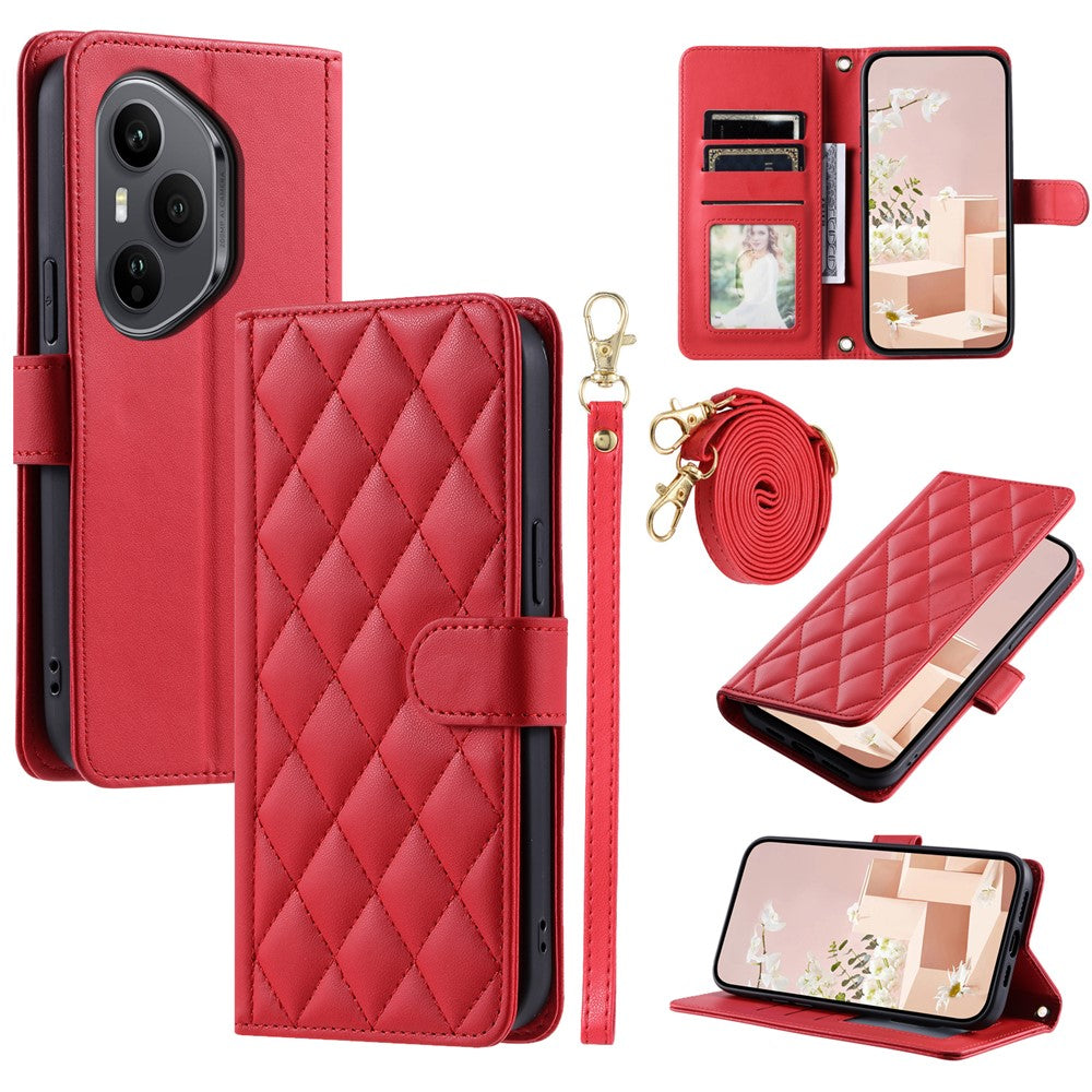 For Honor 400 Pro 5G (Global) Case Wallet Rhombus Grid PU Leather Phone Cover with Shoulder Strap / Wrist Strap