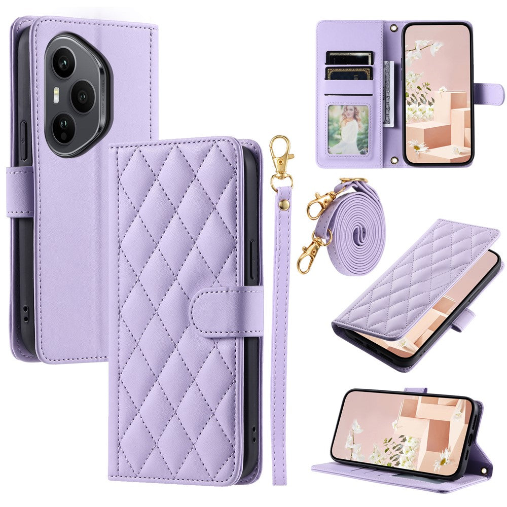 For Honor 400 Pro 5G (Global) Case Wallet Rhombus Grid PU Leather Phone Cover with Shoulder Strap / Wrist Strap