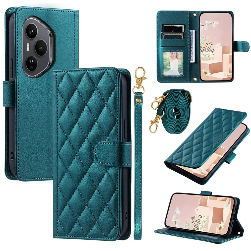 For Honor 400 Pro 5G (Global) Case Wallet Rhombus Grid PU Leather Phone Cover with Shoulder Strap / Wrist Strap