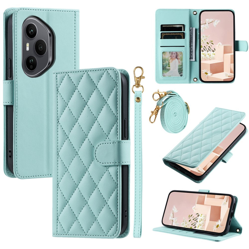 For Honor 400 Pro 5G (Global) Case Wallet Rhombus Grid PU Leather Phone Cover with Shoulder Strap / Wrist Strap