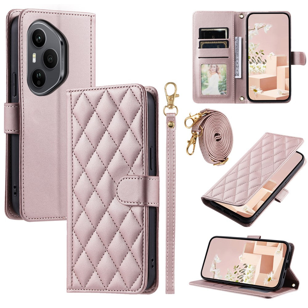 For Honor 400 Pro 5G (Global) Case Wallet Rhombus Grid PU Leather Phone Cover with Shoulder Strap / Wrist Strap
