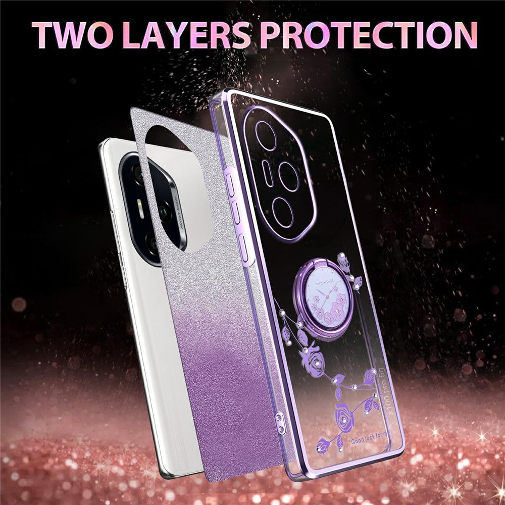 KADEM For Honor 400 Pro 5G (Global) Case Ring Kickstand TPU Flowers Phone Cover Gradient Glitter