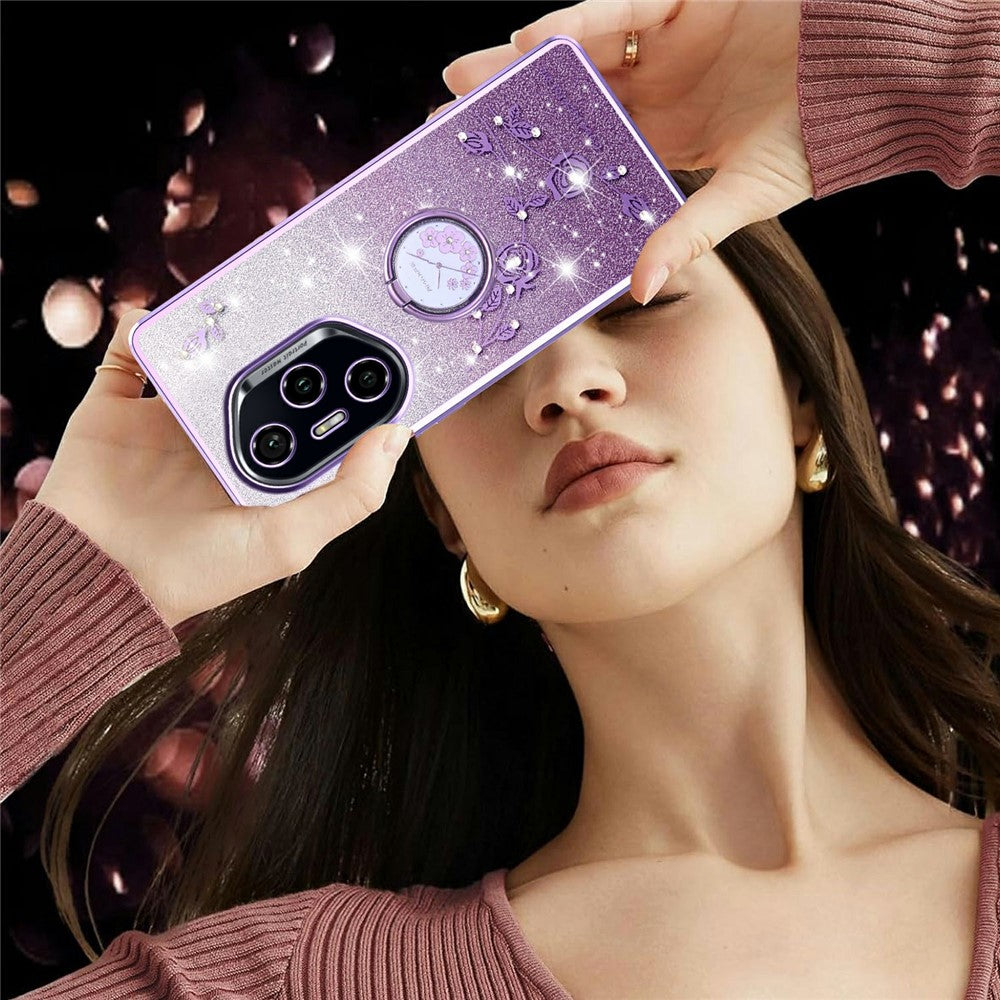 KADEM For Honor 400 Pro 5G (Global) Case Ring Kickstand TPU Flowers Phone Cover Gradient Glitter