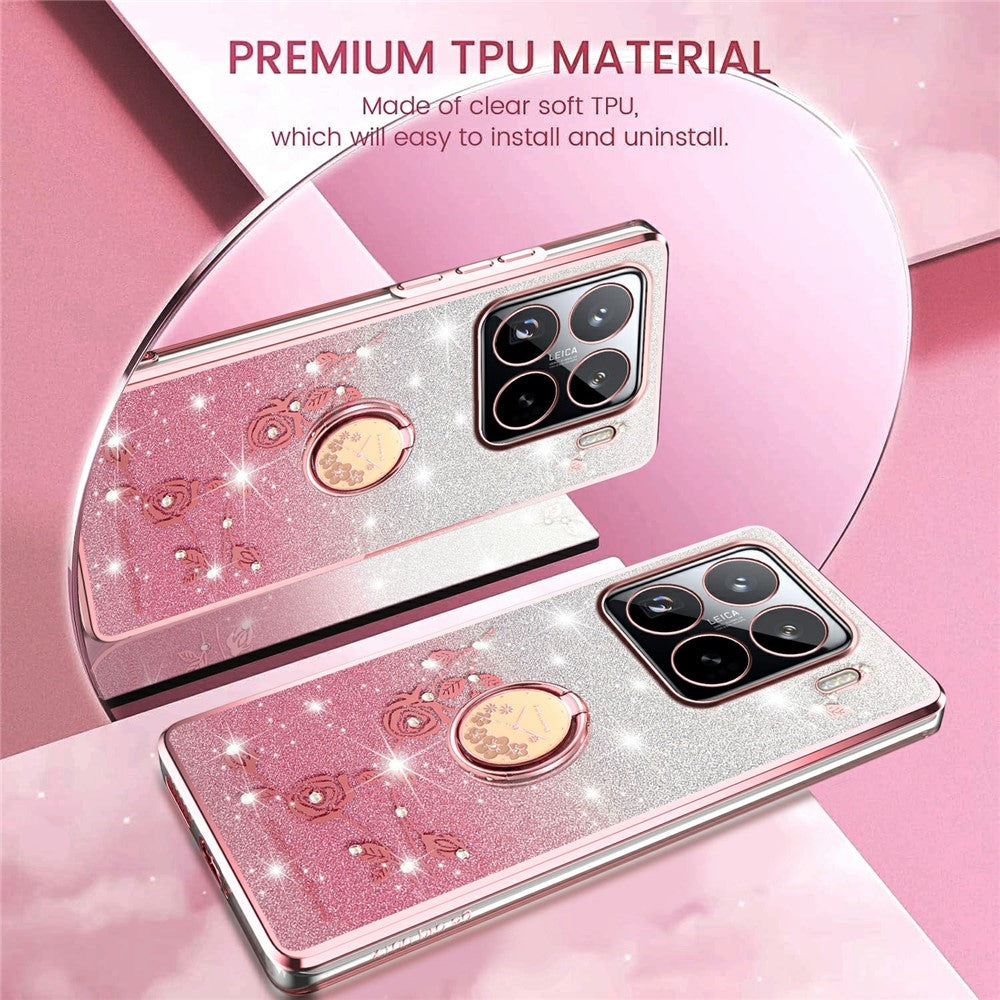 KADEM For Xiaomi 15S Pro Case Ring Kickstand TPU Flowers Phone Cover Gradient Glitter