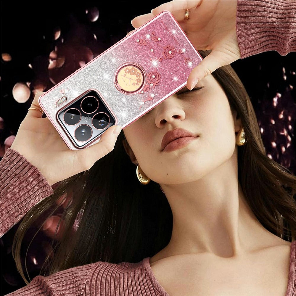 KADEM For Xiaomi 15S Pro Case Ring Kickstand TPU Flowers Phone Cover Gradient Glitter