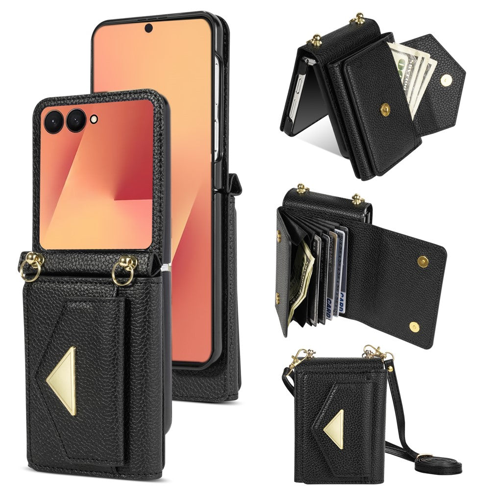 For Samsung Galaxy Z Flip7 5G Case Card Slots PU + PC Phone Cover with Long Strap