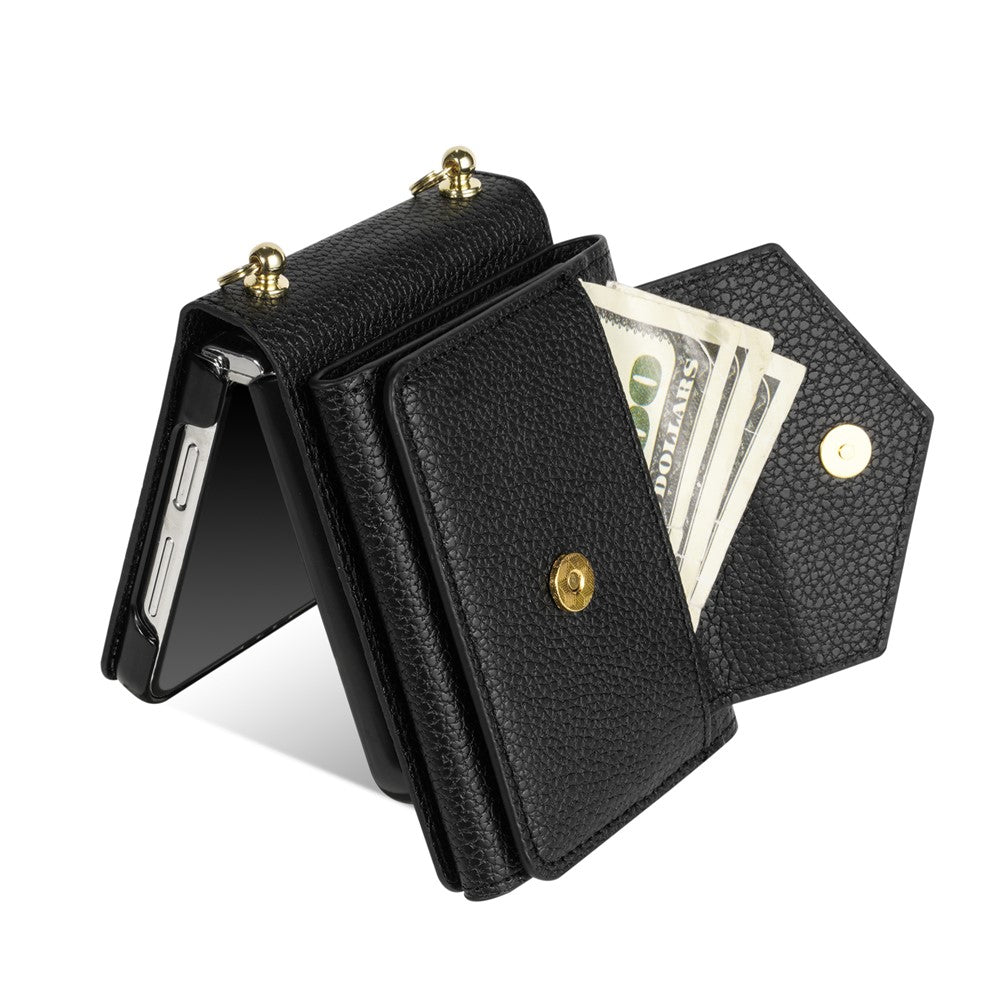 For Samsung Galaxy Z Flip7 5G Case Card Slots PU + PC Phone Cover with Long Strap
