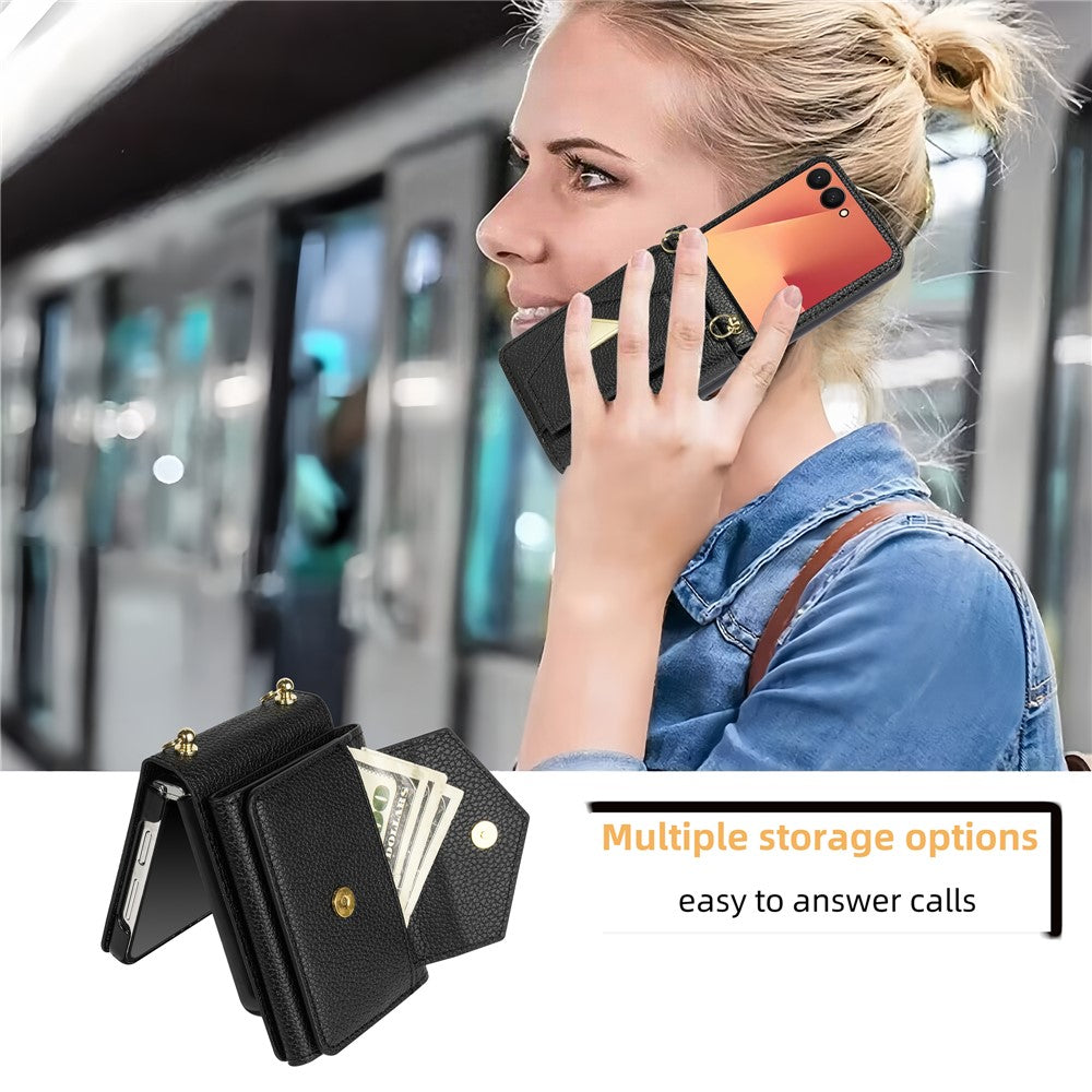 For Samsung Galaxy Z Flip7 5G Case Card Slots PU + PC Phone Cover with Long Strap