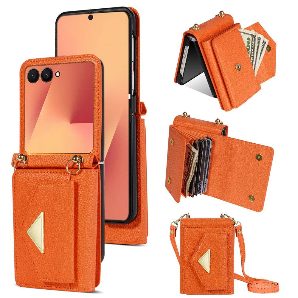 For Samsung Galaxy Z Flip7 5G Case Card Slots PU + PC Phone Cover with Long Strap