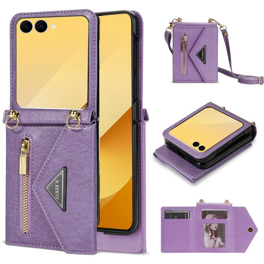 Galaxy Z Flip7 5G – Handyhülle aus Kunststoff und PU-Leder, mit Kartenfach, mit Schulterriemen