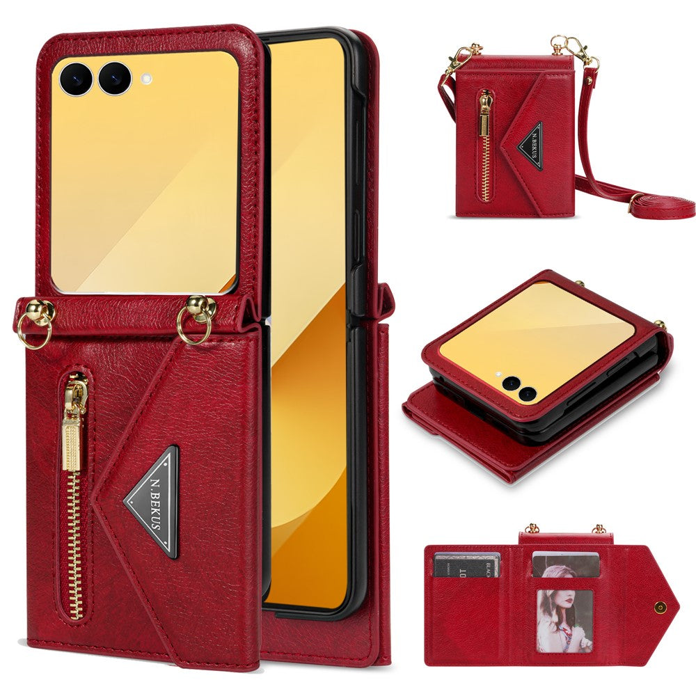 N.BEKUS For Samsung Galaxy Z Flip7 5G Case Zipper Card Holder PU + PC Phone Cover with Shoulder Strap