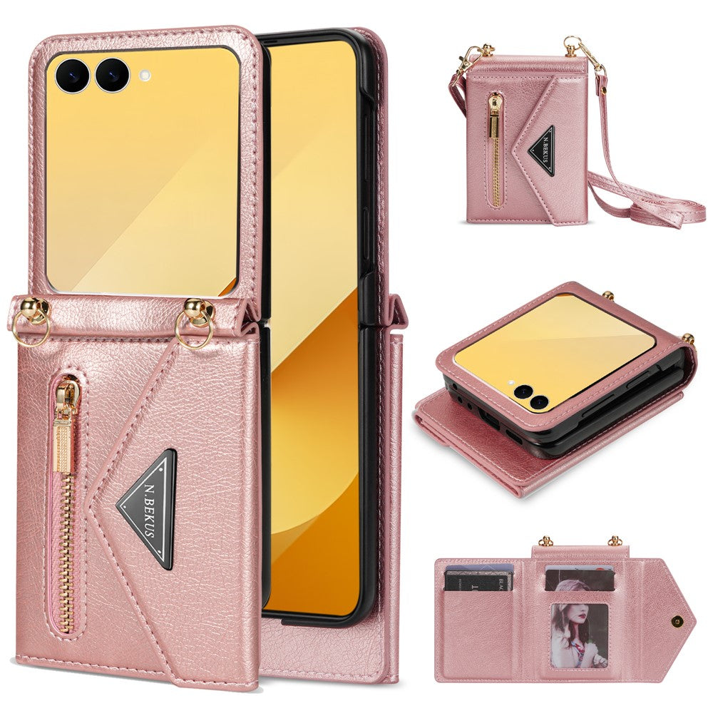 N.BEKUS For Samsung Galaxy Z Flip7 5G Case Zipper Card Holder PU + PC Phone Cover with Shoulder Strap