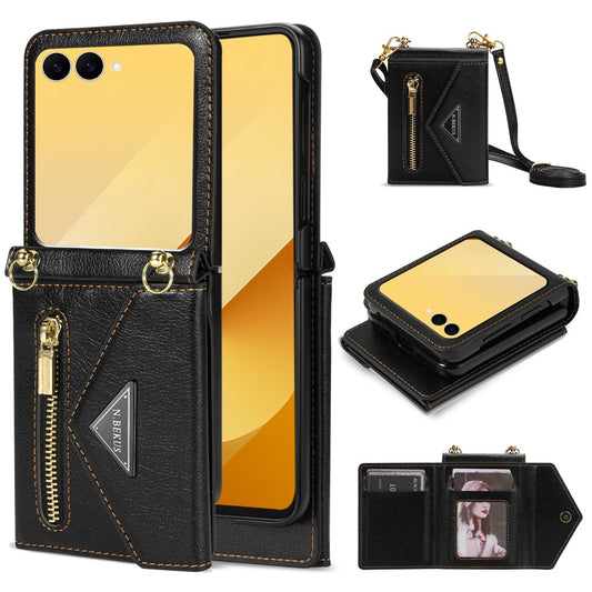Galaxy Z Flip7 5G – Handyhülle aus Kunststoff und PU-Leder, mit Kartenfach, mit Schulterriemen