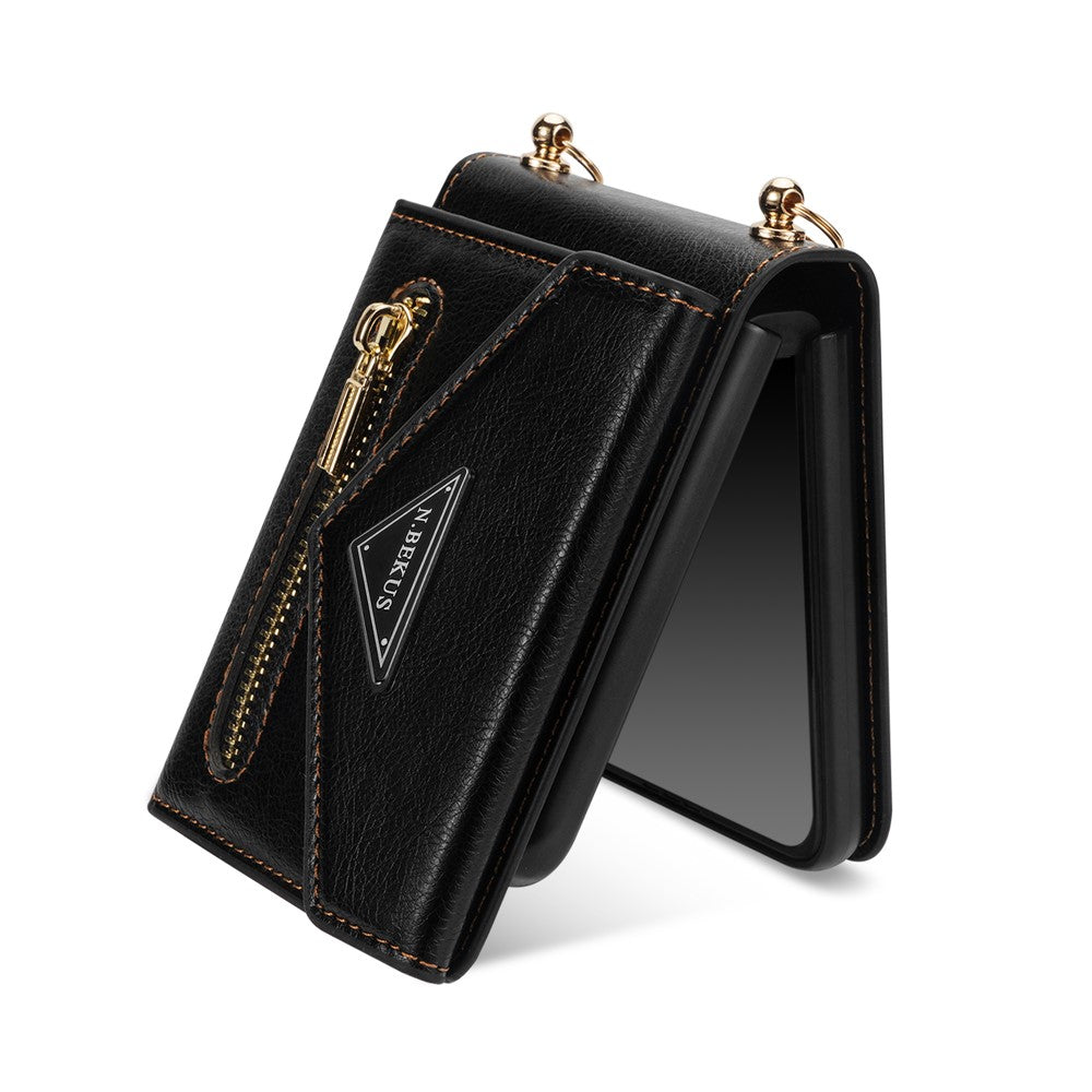 N.BEKUS For Samsung Galaxy Z Flip7 5G Case Zipper Card Holder PU + PC Phone Cover with Shoulder Strap