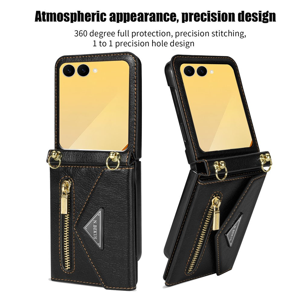 N.BEKUS For Samsung Galaxy Z Flip7 5G Case Zipper Card Holder PU + PC Phone Cover with Shoulder Strap