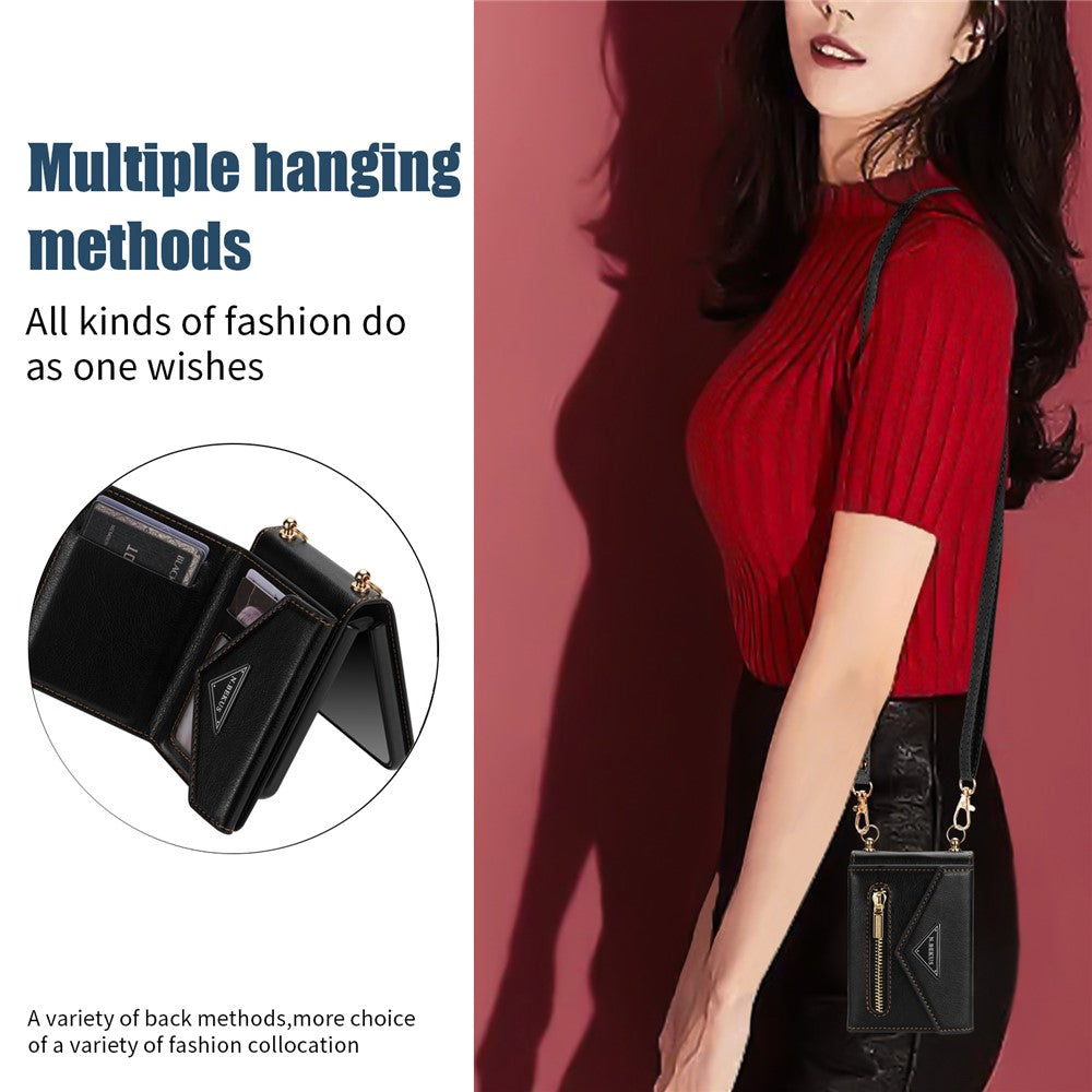 N.BEKUS For Samsung Galaxy Z Flip7 5G Case Zipper Card Holder PU + PC Phone Cover with Shoulder Strap