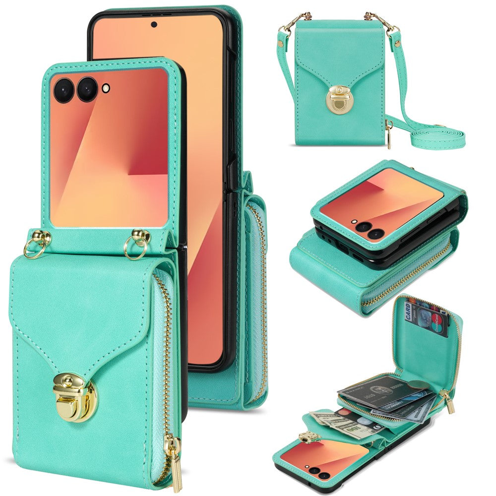 For Samsung Galaxy Z Flip7 5G Case Zipper Wallet PU Leather TPU PC Phone Cover with Shoulder Strap