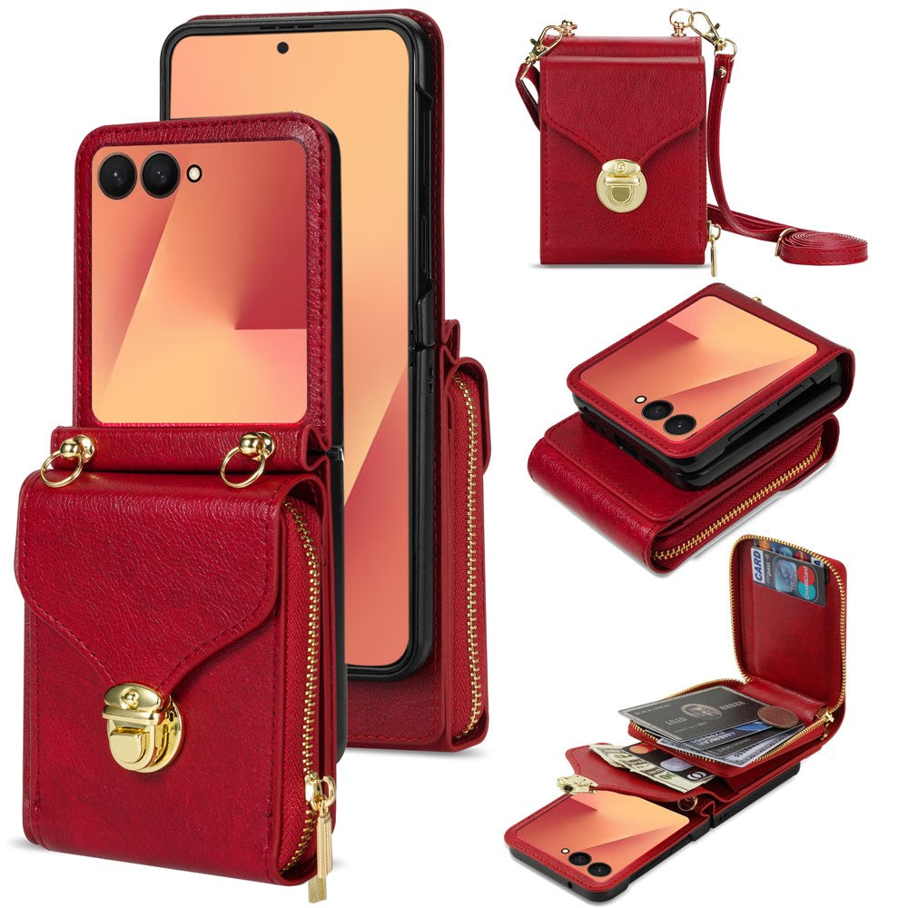 For Samsung Galaxy Z Flip7 5G Case Zipper Wallet PU Leather TPU PC Phone Cover with Shoulder Strap