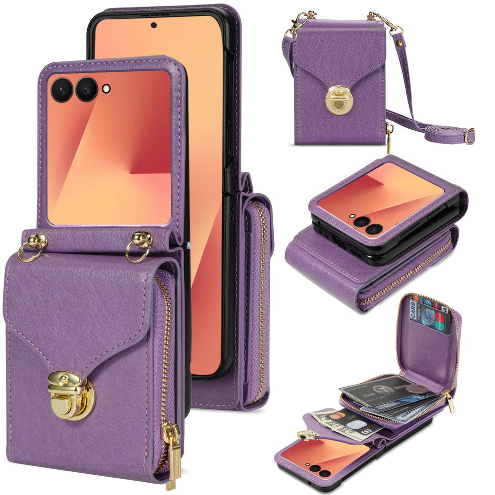 For Samsung Galaxy Z Flip7 5G Case Zipper Wallet PU Leather TPU PC Phone Cover with Shoulder Strap