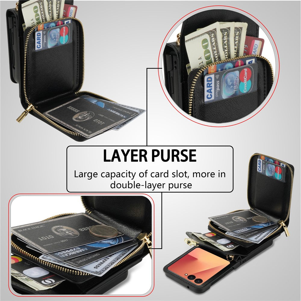 For Samsung Galaxy Z Flip7 5G Case Zipper Wallet PU Leather TPU PC Phone Cover with Shoulder Strap