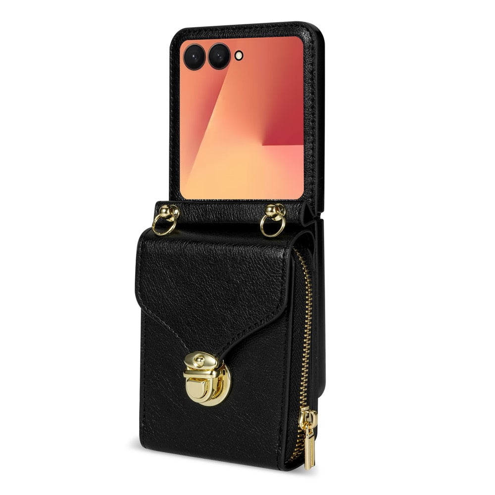 For Samsung Galaxy Z Flip7 5G Case Zipper Wallet PU Leather TPU PC Phone Cover with Shoulder Strap