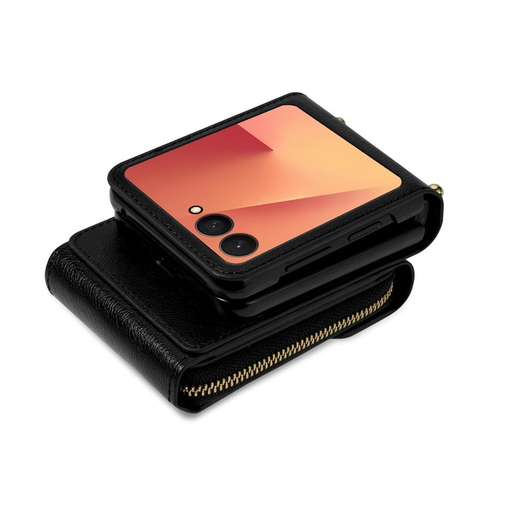 For Samsung Galaxy Z Flip7 5G Case Zipper Wallet PU Leather TPU PC Phone Cover with Shoulder Strap