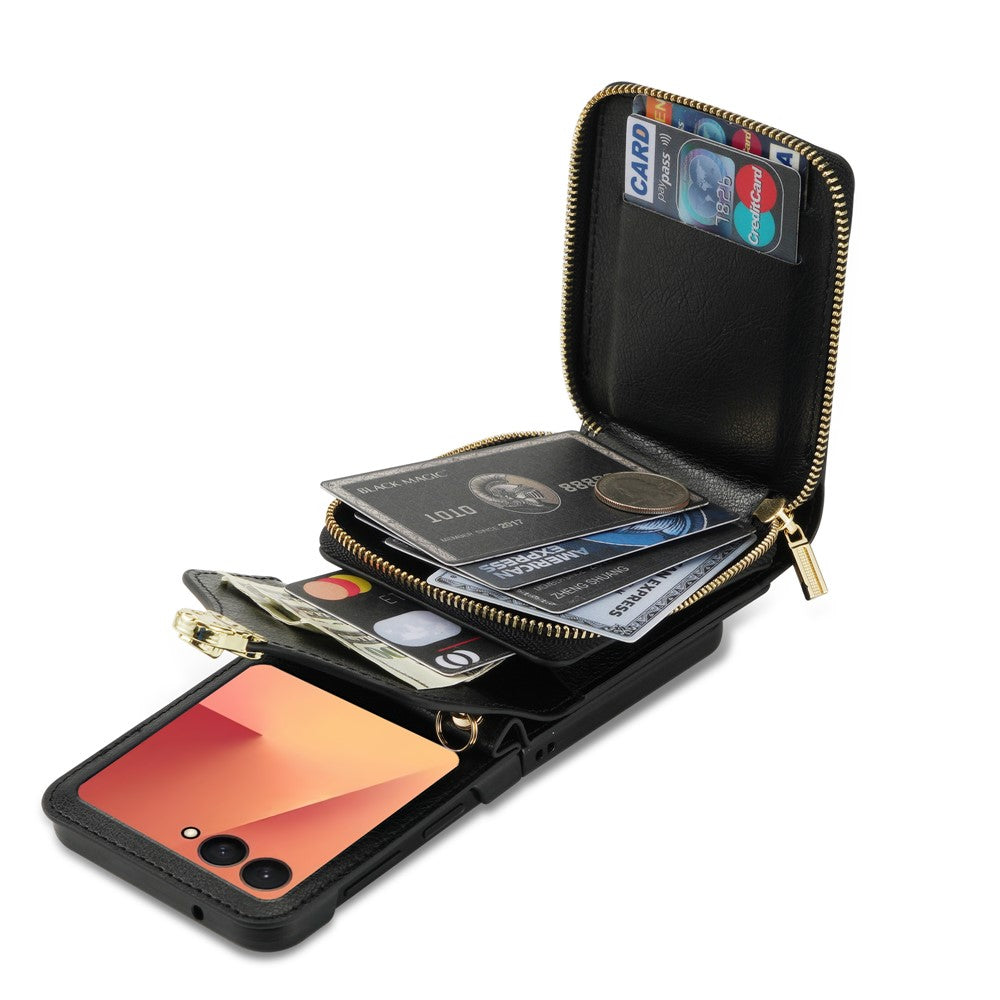 For Samsung Galaxy Z Flip7 5G Case Zipper Wallet PU Leather TPU PC Phone Cover with Shoulder Strap