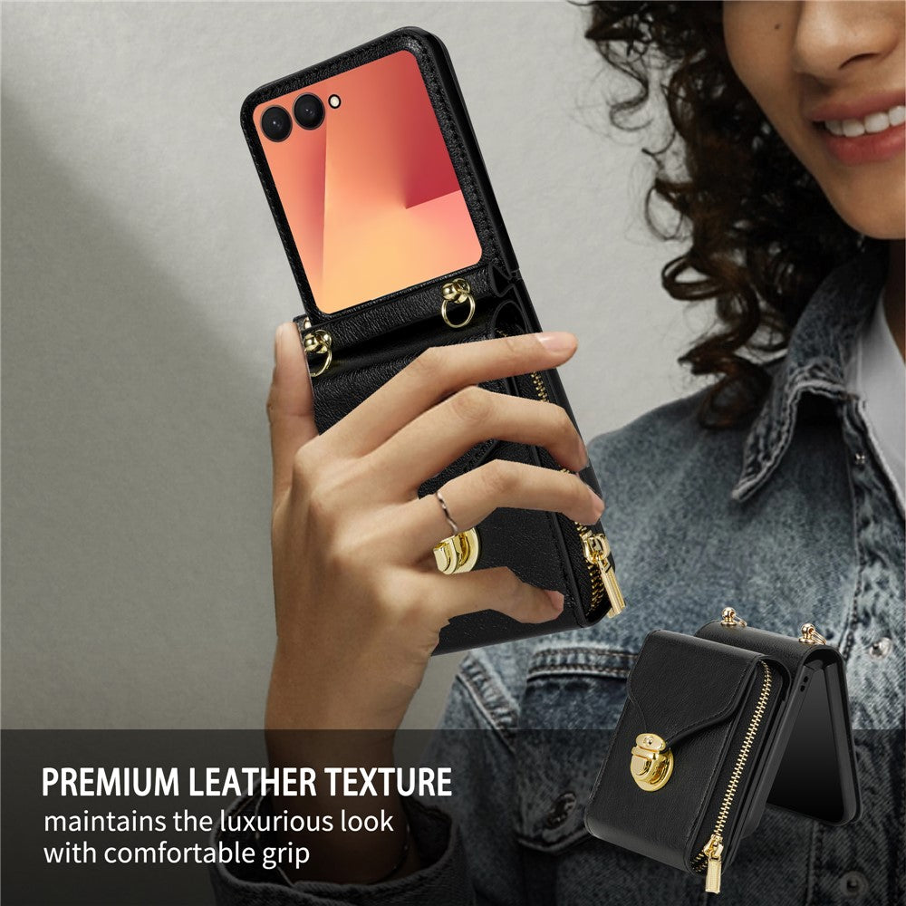 For Samsung Galaxy Z Flip7 5G Case Zipper Wallet PU Leather TPU PC Phone Cover with Shoulder Strap