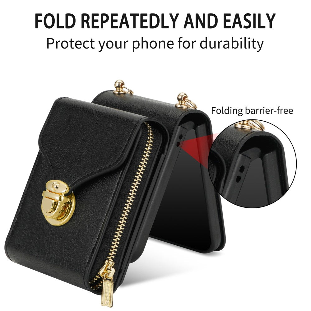 For Samsung Galaxy Z Flip7 5G Case Zipper Wallet PU Leather TPU PC Phone Cover with Shoulder Strap