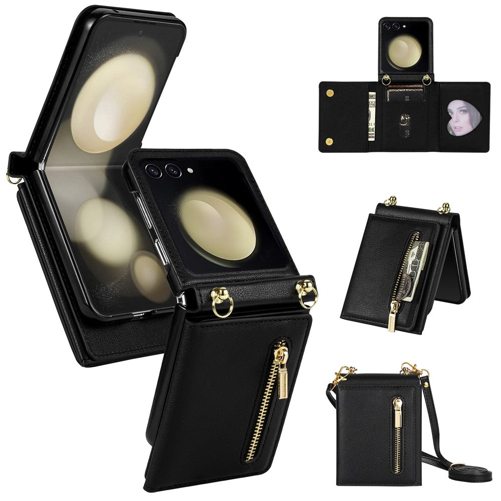 For Samsung Galaxy Z Flip7 5G Case Zipper Wallet PU + TPU + PC Phone Cover with Shoulder Strap