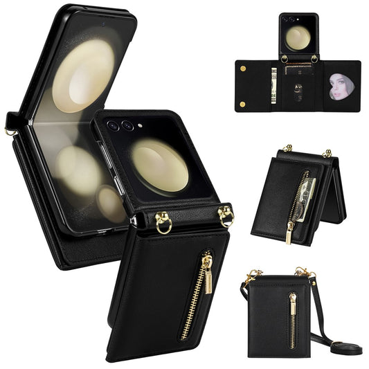 Galaxy Z Flip7 5G – Wallet-Handyhülle aus Metall, Kunststoff, PU-Leder und TPU, mit Schulterriemen